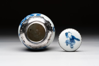 A Chinese blue and white Dutch silver-mounted tea caddy and cover, Kangxi