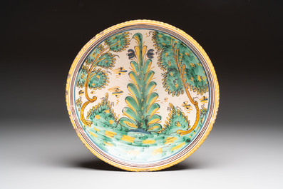 A large polychrome Spanish pottery dish and a bowl with a bird, Talavera, 18th C.