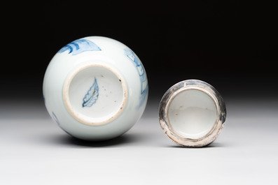 A Chinese blue and white Dutch silver-mounted tea caddy and cover, Kangxi