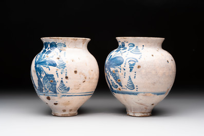 Two blue and white ointment jars, Spain, 17th C.