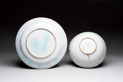 A large polychrome Brussels faience 'bird' dish and a blue and white bowl, 18/19th C.