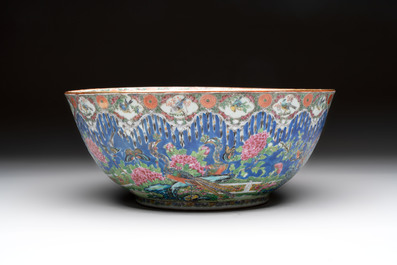 A Chinese Canton famille rose 'peacock' punch bowl, 19th C.