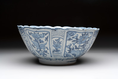 A Chinese blue and white 'kraak' bowl with ducks and flowers, Wanli