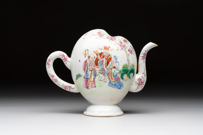 A Chinese famille rose peach-shaped 'Ma Gu Xian Shou 麻姑獻壽' and 'Sanxing' cadogan teapot, Jiaqing