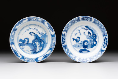 A pair of Chinese blue and white 'Elegant Beauty and Boy' cups and saucers, Chenghua mark, Kangxi