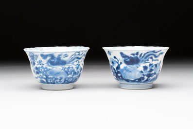 Eight Chinese blue, white and iron-red cups and twelve saucers, Kangxi/Yongzheng