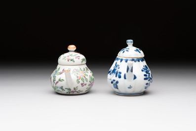 Four Chinese blue, white and famille rose covered teapots, Tongzhi and Hu Mao Ji 胡茂記 mark, Kangxi and later