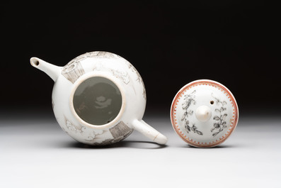 A Chinese grisaille teapot and cover with figural design, Qianlong