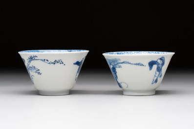 A pair of Chinese blue and white 'elegant beauty and boy' cups and saucers, Chenghua mark, Kangxi