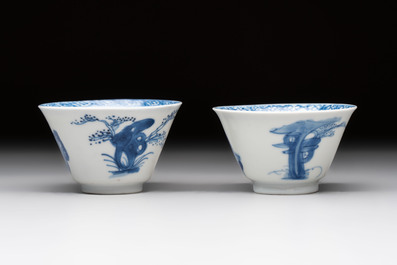 A pair of Chinese blue and white 'elegant beauty and boy' cups and saucers, Chenghua mark, Kangxi