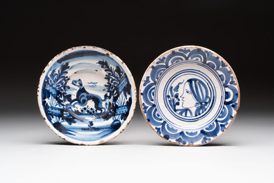 Two blue and white Spanish pottery plates and a dish, Talavera, 18th C.