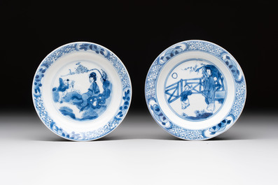 A pair of Chinese blue and white 'elegant beauty and boy' cups and saucers, Chenghua mark, Kangxi