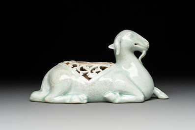 A pair of Chinese polychrome lions, a celadon-glazed goat, a yellow-glazed bowl and a sancai-glazed conical bowl, Chenghua mark, 19/20th C.