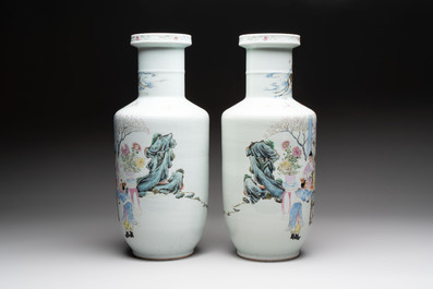 A pair of fine Chinese famille rose 'Guo Ziyi 郭子儀' rouleau vases, Qianlong mark, 19th C.