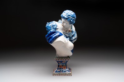A polychrome Delft-style 'The Kiss' group after Jean Antoine Houdon (1741-1828), Samson, Paris, 19th C.