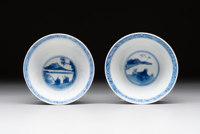 A pair of Chinese blue and white 'Elegant Beauty and Boy' cups and saucers, Chenghua mark, Kangxi