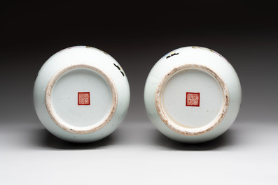 A pair of fine Chinese famille rose 'Guo Ziyi 郭子儀' rouleau vases, Qianlong mark, 19th C.