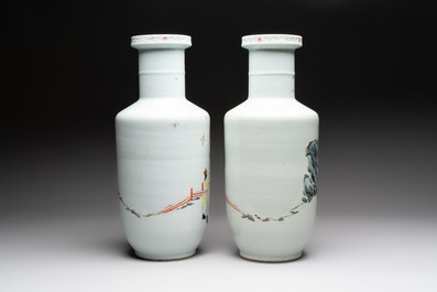 A pair of fine Chinese famille rose 'Guo Ziyi 郭子儀' rouleau vases, Qianlong mark, 19th C.