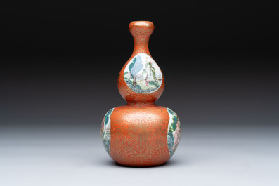A Chinese famille rose coral-red-ground 'landscape' gourd vase, Qianlong mark, Republic