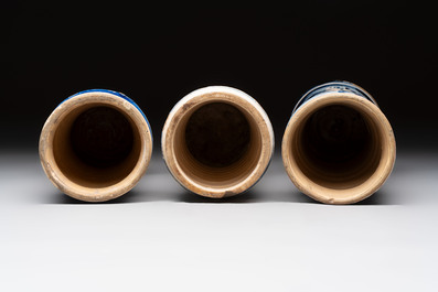 Three blue and white albarelli, Spain, 18th C.