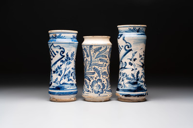 Three blue and white albarelli, Spain, 18th C.