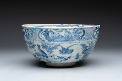 A large Chinese blue and white 'Buddhist lion' bowl and a Swatow blue and white bowl, Ming