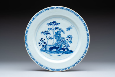 Five Chinese blue and white 'birds and flowers' and 'peony scroll' plates and dishes, 18/19th C.