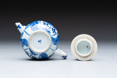 A small Chinese blue and white 'Long Eliza' teapot and cover, jade mark, Kangxi