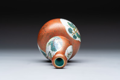 A Chinese famille rose coral-red-ground 'landscape' gourd vase, Qianlong mark, Republic