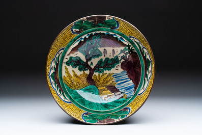 A Japanese  Kutani bowl with peonies and a mountainous landscape design, Kutani 九谷 mark, 19/20th C.