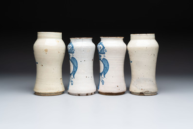 Two pairs of blue and white Spanish albarelli, Teruel and Talavera, 18th C.