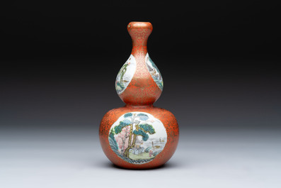 A Chinese famille rose coral-red-ground 'landscape' gourd vase, Qianlong mark, Republic