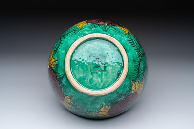A Japanese  Kutani bowl with peonies and a mountainous landscape design, Kutani 九谷 mark, 19/20th C.