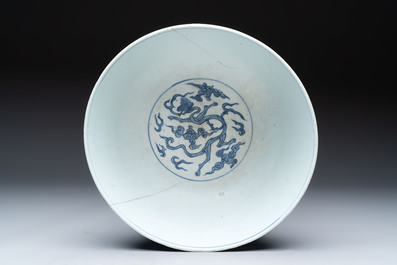 A large Chinese blue and white 'Buddhist lion' bowl and a Swatow blue and white bowl, Ming