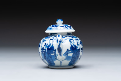A small Chinese blue and white 'Long Eliza' teapot and cover, jade mark, Kangxi