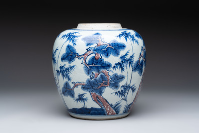 A Chinese blue, white and copper-red 'Three Friends of Winter' jar, and a blue and white 'Buddhist lion' dish, 18th C.
