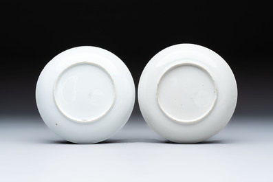 A pair of Chinese famille rose 'European subject' cups and saucers, Qianlong