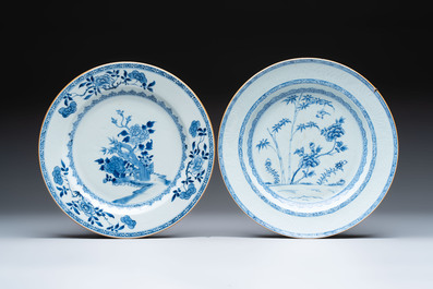 Five Chinese blue and white 'birds and flowers' and 'peony scroll' plates and dishes, 18/19th C.