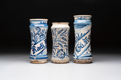 Three blue and white albarelli, Spain, 18th C.