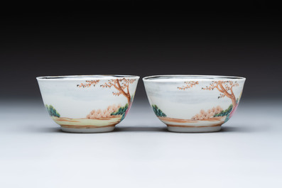 A pair of Chinese famille rose 'European subject' cups and saucers, Qianlong