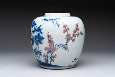 A Chinese blue, white and copper-red 'Three Friends of Winter' jar, and a blue and white 'Buddhist lion' dish, 18th C.