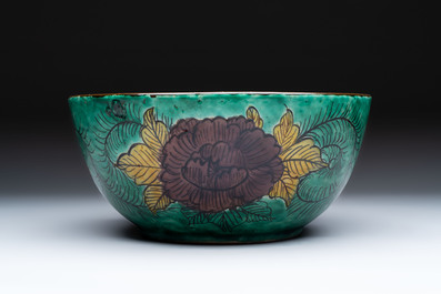 A Japanese  Kutani bowl with peonies and a mountainous landscape design, Kutani 九谷 mark, 19/20th C.