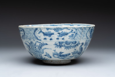 A large Chinese blue and white 'Buddhist lion' bowl and a Swatow blue and white bowl, Ming