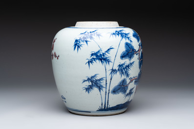 A Chinese blue, white and copper-red 'Three Friends of Winter' jar, and a blue and white 'Buddhist lion' dish, 18th C.