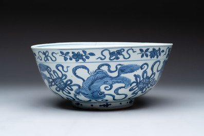 A large Chinese blue and white 'Buddhist lion' bowl and a Swatow blue and white bowl, Ming