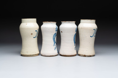 Two pairs of blue and white Spanish albarelli, Teruel and Talavera, 18th C.