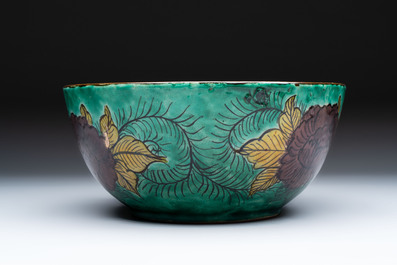 A Japanese  Kutani bowl with peonies and a mountainous landscape design, Kutani 九谷 mark, 19/20th C.