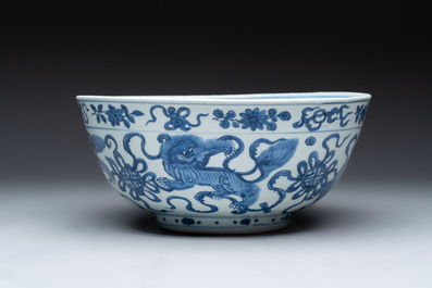A large Chinese blue and white 'Buddhist lion' bowl and a Swatow blue and white bowl, Ming