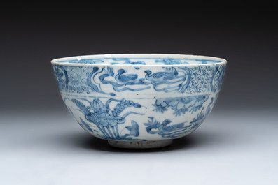 A large Chinese blue and white 'Buddhist lion' bowl and a Swatow blue and white bowl, Ming