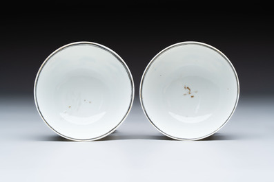 A pair of Chinese famille rose 'European subject' cups and saucers, Qianlong